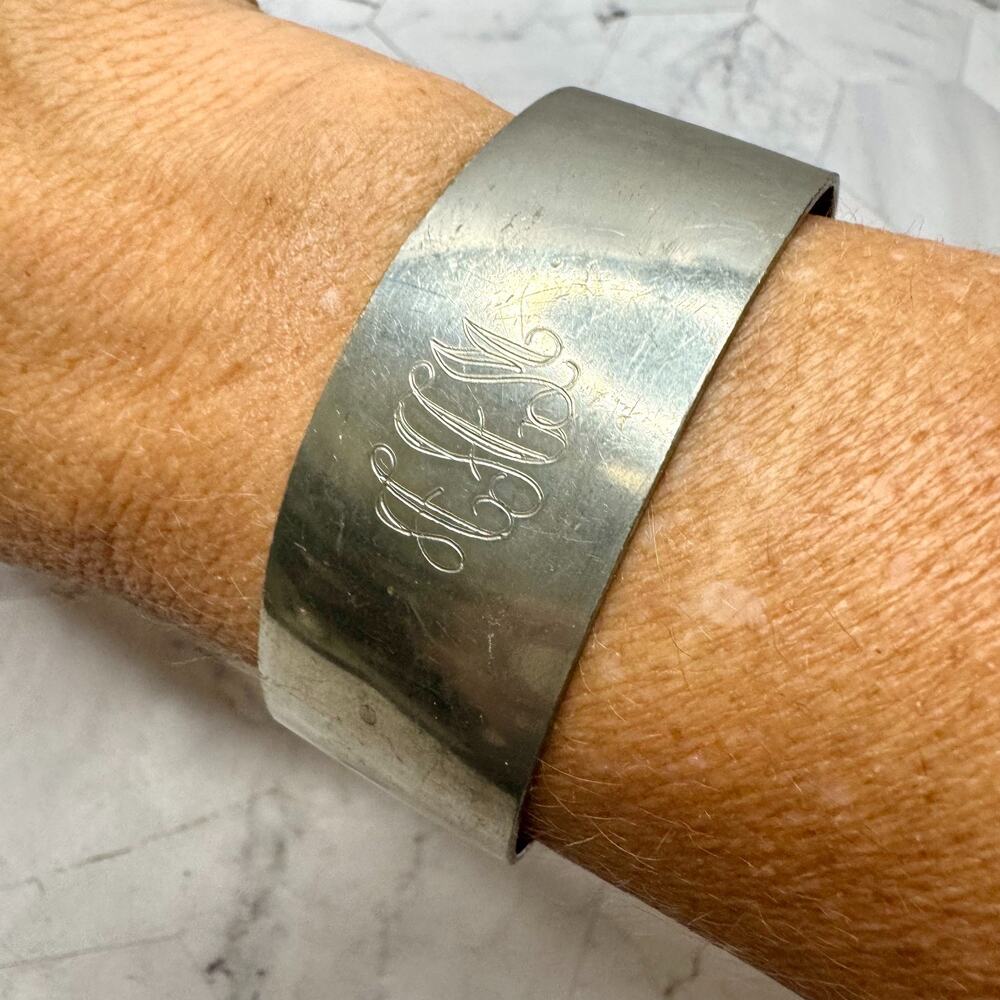 Vintage Pewter NEM Cuff Bracelet 1" Wide Monogrammed "AAM" Etched 6.5"